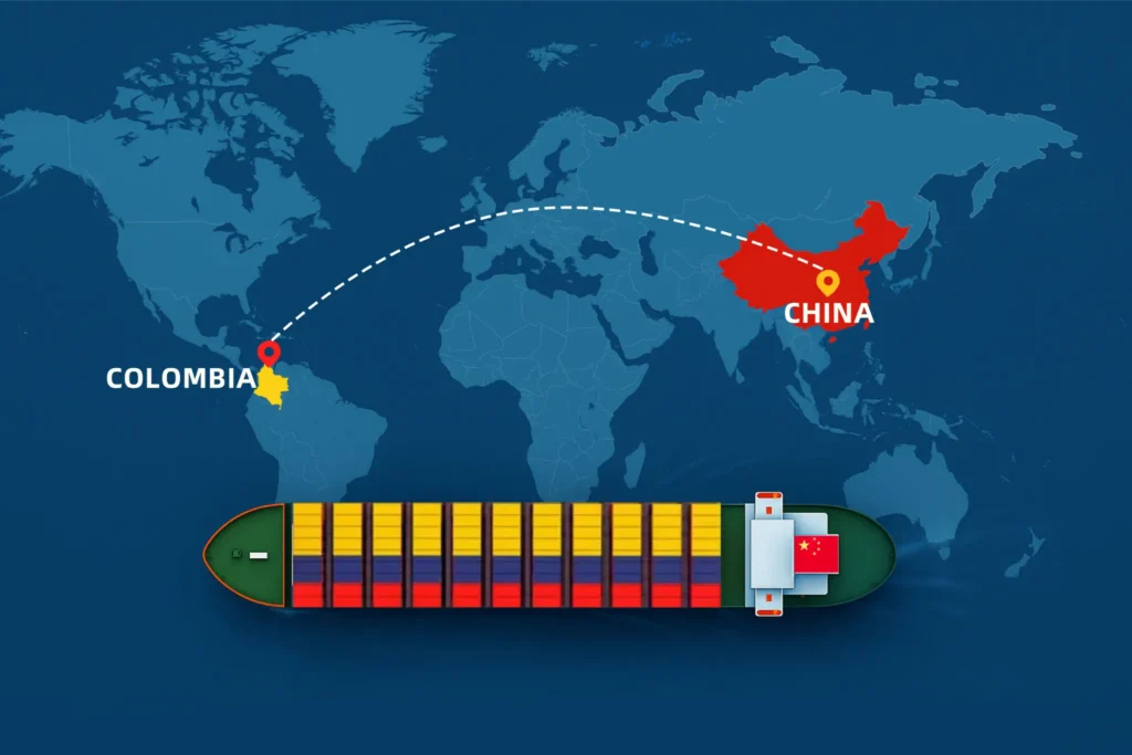 Container ship with Colombia flag sailing from China to Colombia on world map