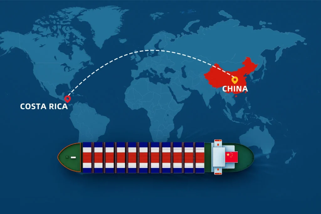 Shipping from China to Costa Rica map illustration showing container ship and sea freight route