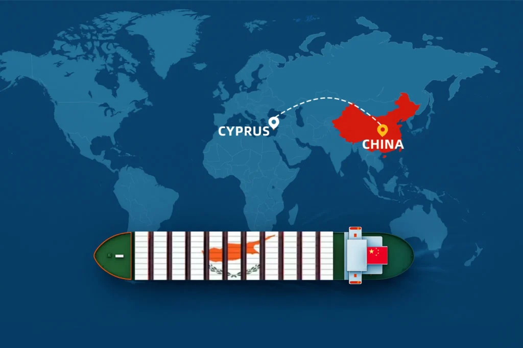 Container ship with Cyprus flag sailing from China to Cyprus on world map