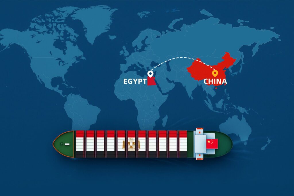 Shipping from China to Egypt by sea – container ship with China and Egypt flags on world map