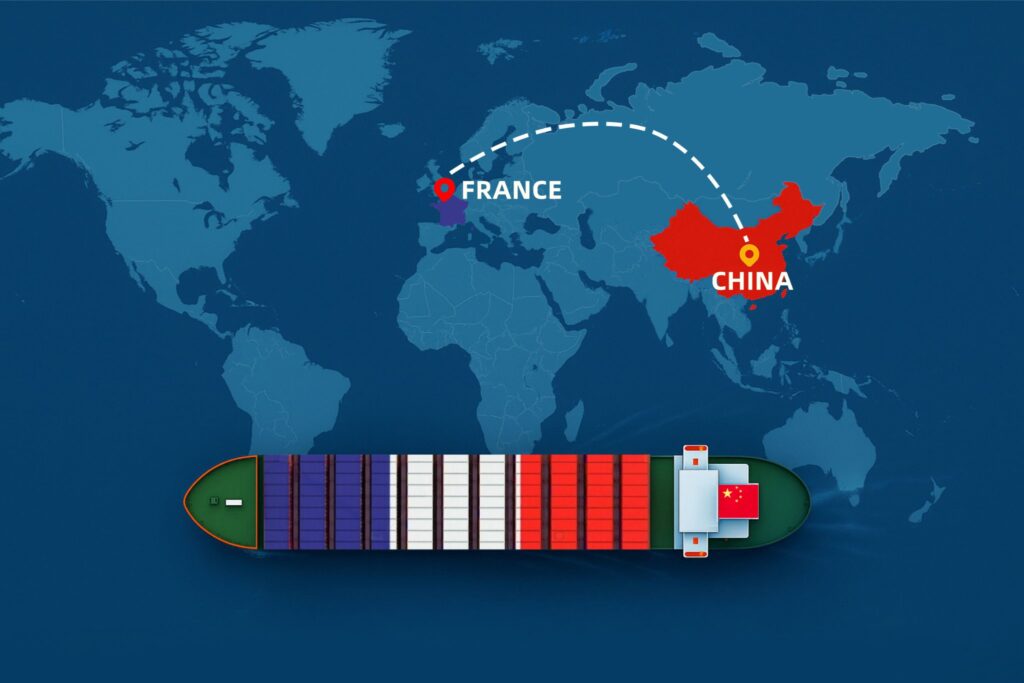 Shipping from China to France by sea – container ship with China and France flags on world map