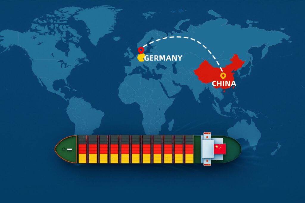 Shipping from China to Germany by sea – container ship with China and Germany flags on world map