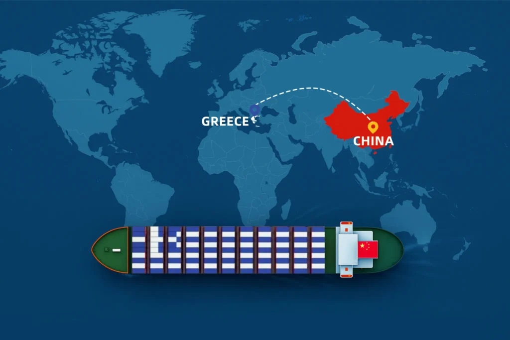 Shipping from China to Greece map illustration showing sea freight route and container ship