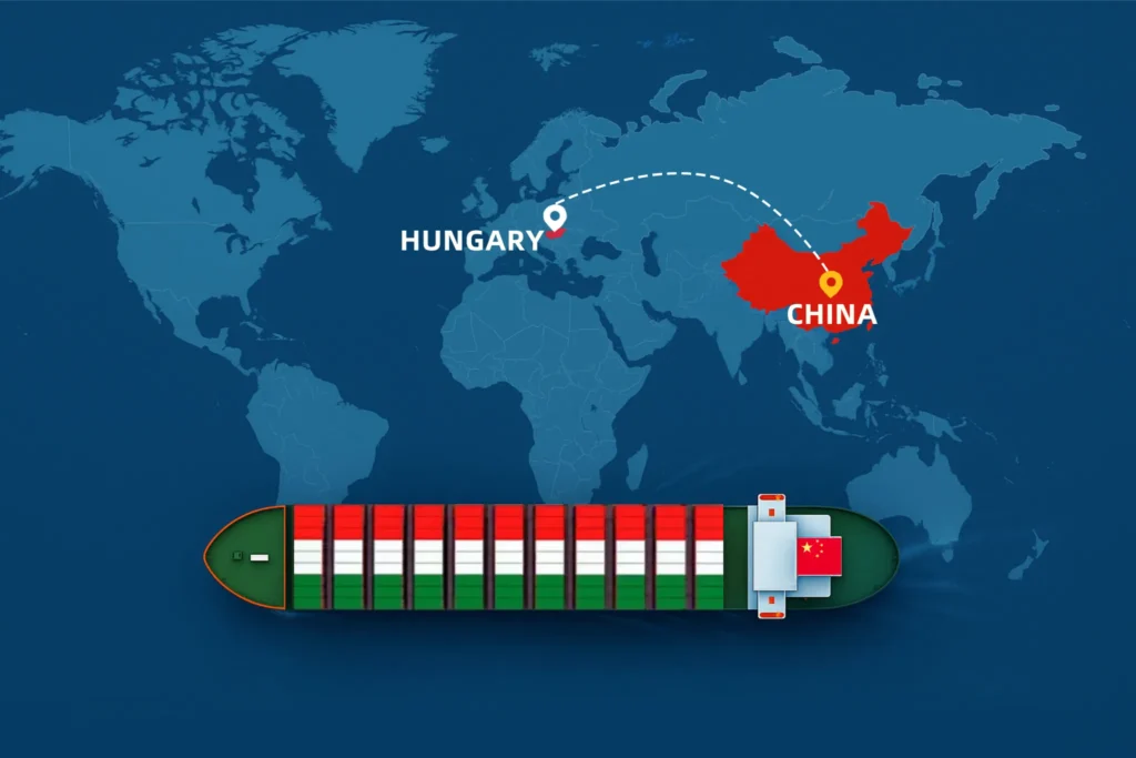 Shipping from China to Hungary map illustration showing container ship and sea freight route