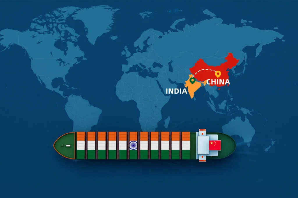 Shipping from China to India map illustration showing container ship and sea freight route