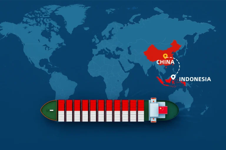 Shipping from China to Indonesia map illustration showing container ship and sea freight route
