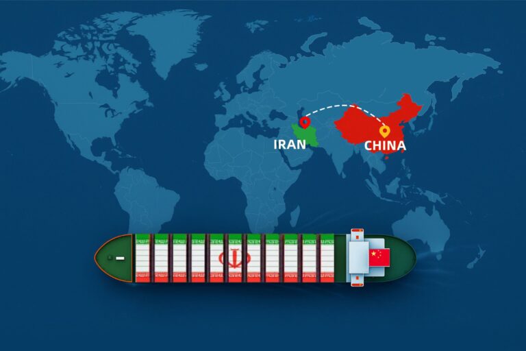 Shipping from China to Iran by sea – container ship with China and Iran flags on world map