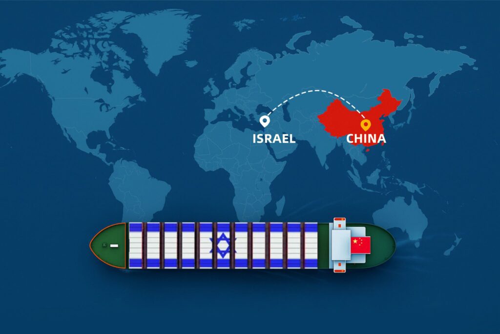 Shipping from China to Israel by sea – container ship with China and Israel flags on world map