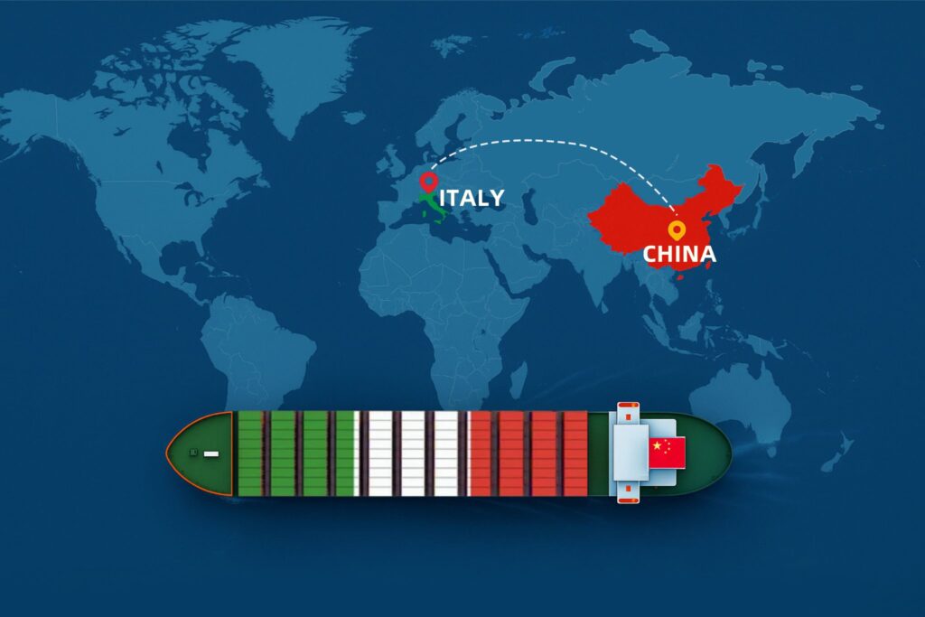Shipping from China to Italy 2025 route map with cargo ship and trade connection between Asia and Europe.
