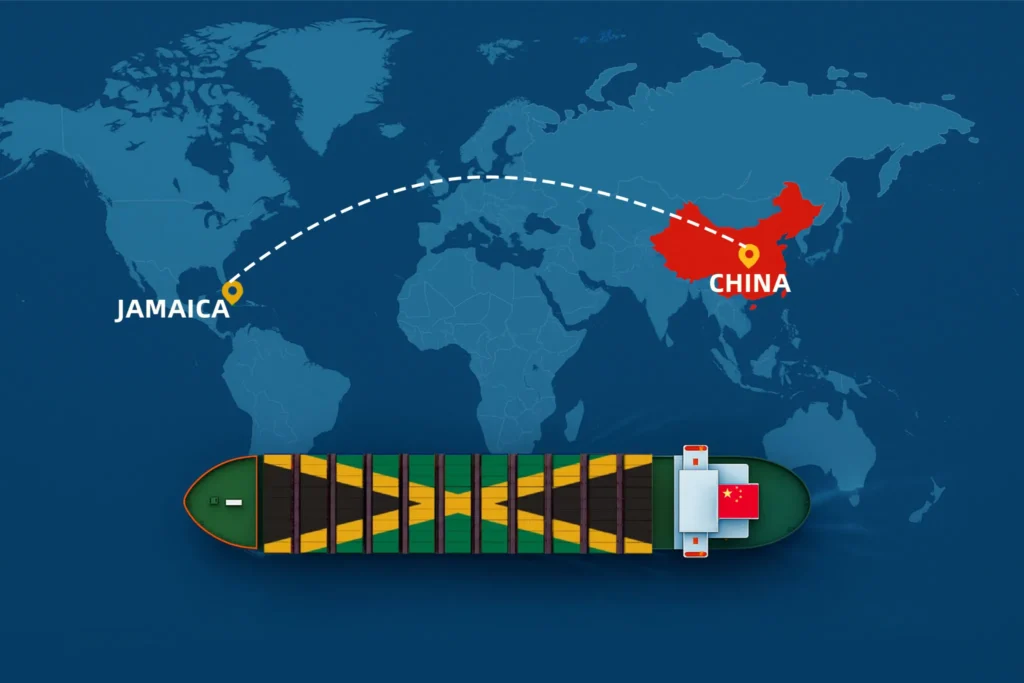 Shipping from China to Jamaica map illustration showing container ship and sea freight route