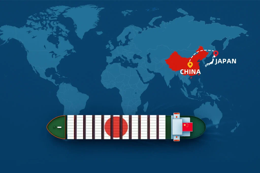 Shipping from China to Japan by sea freight – container ship with Japan flag colors on a world map