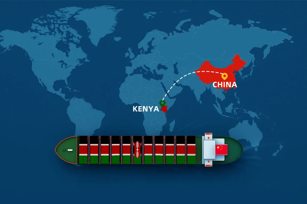 Shipping from China to Kenya map illustration showing container ship and sea freight route
