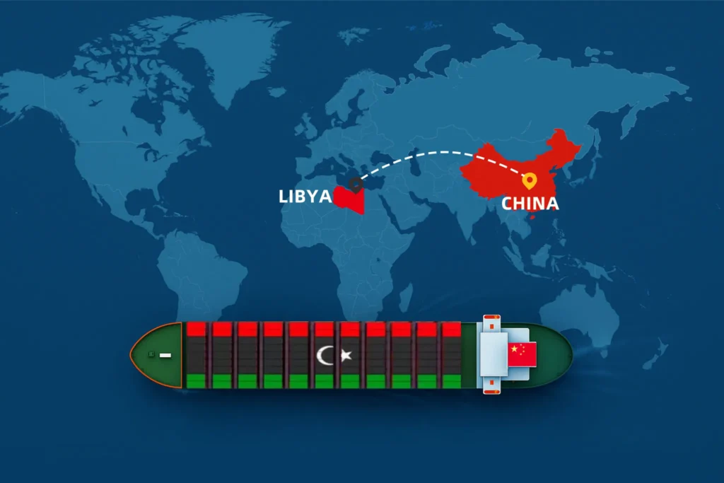 Container ship with Libya flag sailing from China to Libya on world map