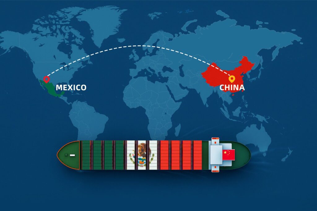 Shipping from China to Mexico by sea – container ship with China and Mexico flags on world map