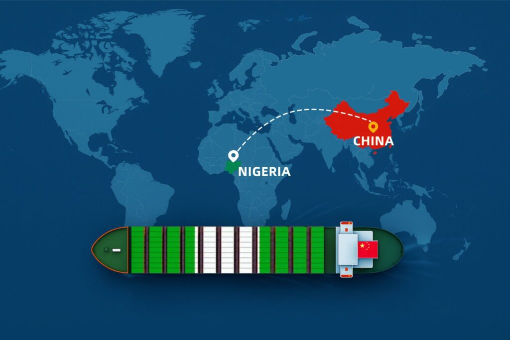 Shipping from China to Nigeria by sea – container ship with China and Nigeria flags on world map