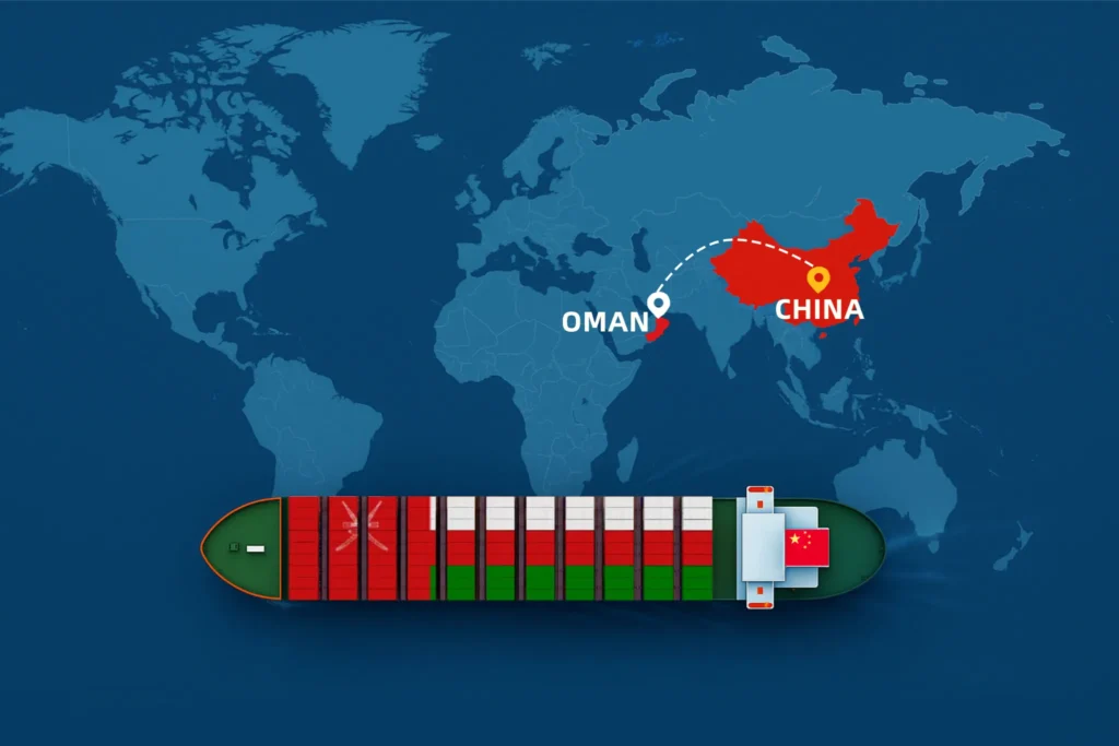 Shipping from China to Oman map illustration showing container ship and sea freight route