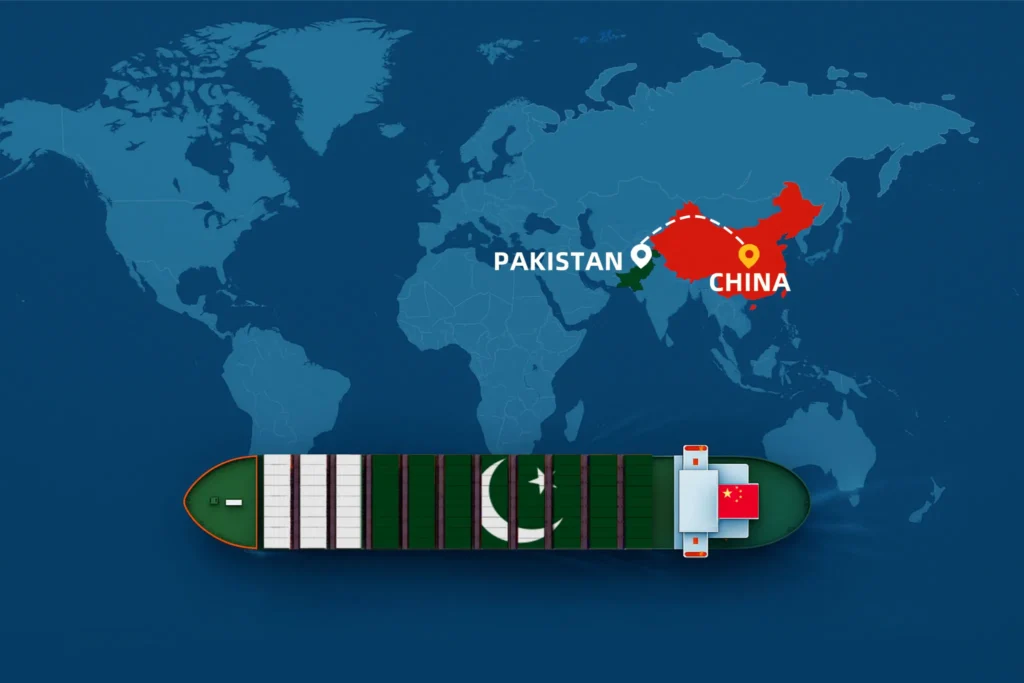Shipping from China to Pakistan map illustration showing container ship and sea freight route