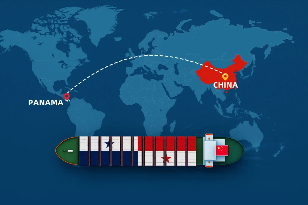 Shipping from China to Panama map illustration showing container ship and sea freight route