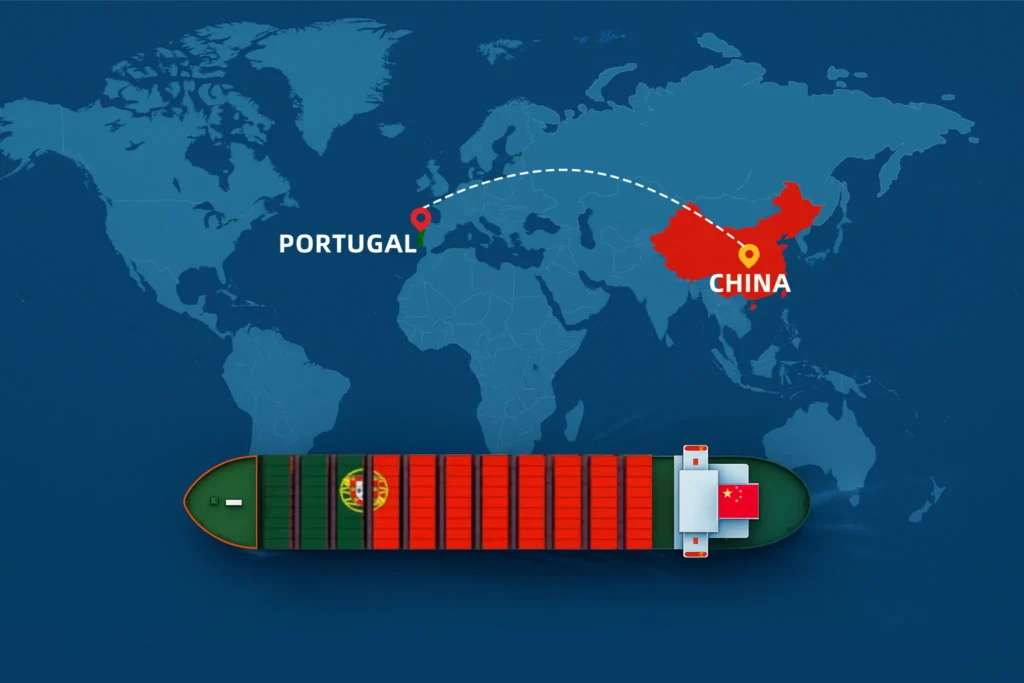 Shipping from China to Portugal map illustration showing container ship and sea freight route