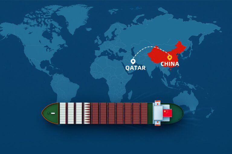Shipping from China to Qatar by sea – container ship with China and Qatar flags on world map