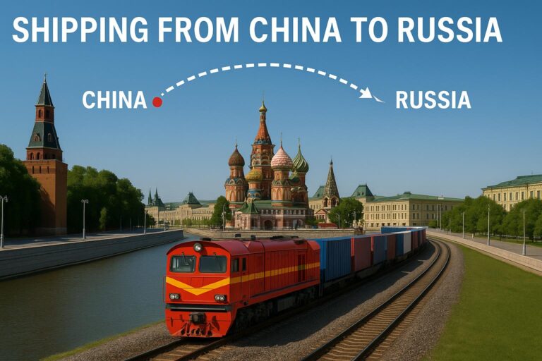 Shipping from China to Russia 2025 railway freight route showing a red and yellow cargo train traveling toward Moscow with Saint Basil’s Cathedral in the background, symbolizing rail logistics between Asia and Europe.