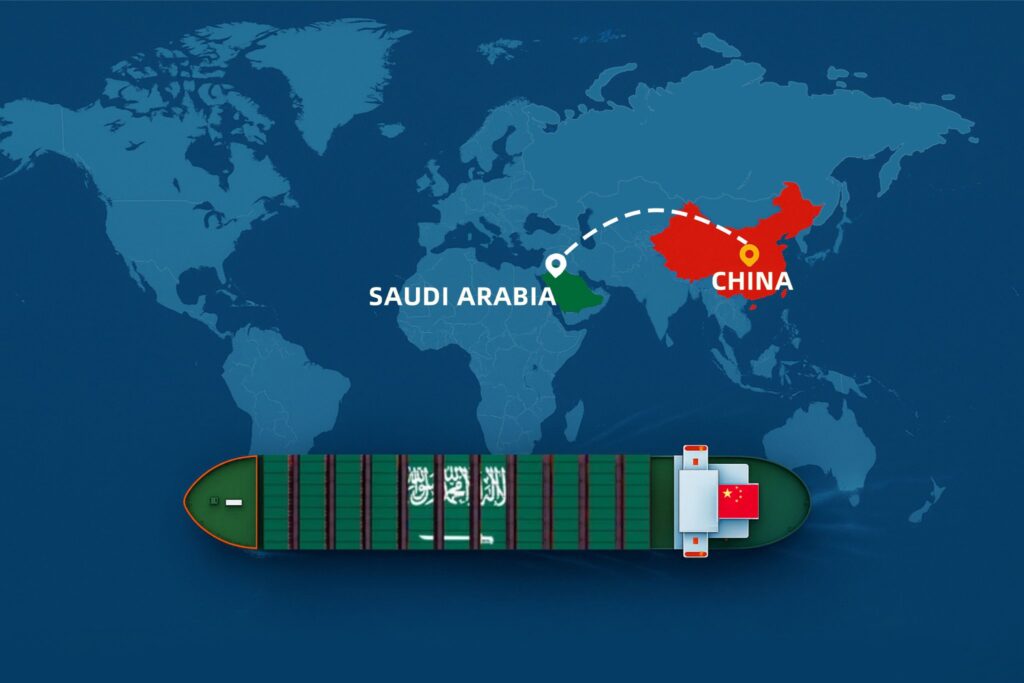 Shipping from China to Saudi Arabia by sea – container ship with China and Saudi Arabia flags on world map