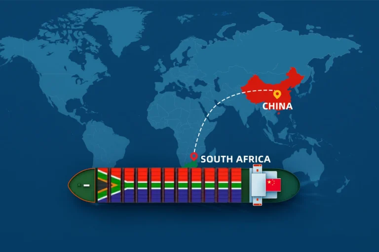 Container ship with South Africa flag sailing from China to South Africa on world map