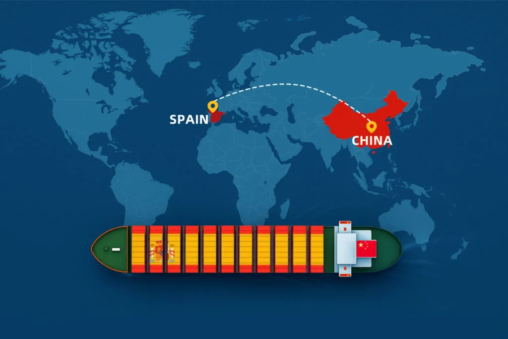 Container ship with Spanish flag sailing from China to Spain on world map