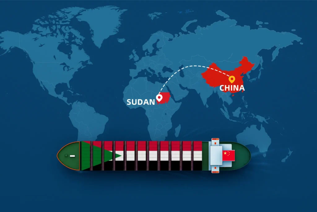 चीन से सूडान तक समुद्री और हवाई मार्ग से शिपिंग मार्गों को दर्शाने वाला मानचित्र, 2025 में डीडीपी माल ढुलाई रसद और अंतर्राष्ट्रीय व्यापार कनेक्शन पर प्रकाश डालता है