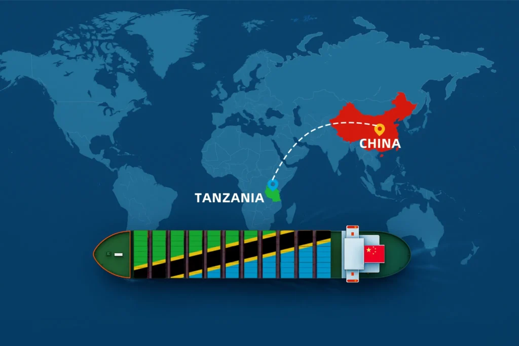 Map showing shipping routes from China to Tanzania by sea and air, including DDP delivery and international freight logistics 2025