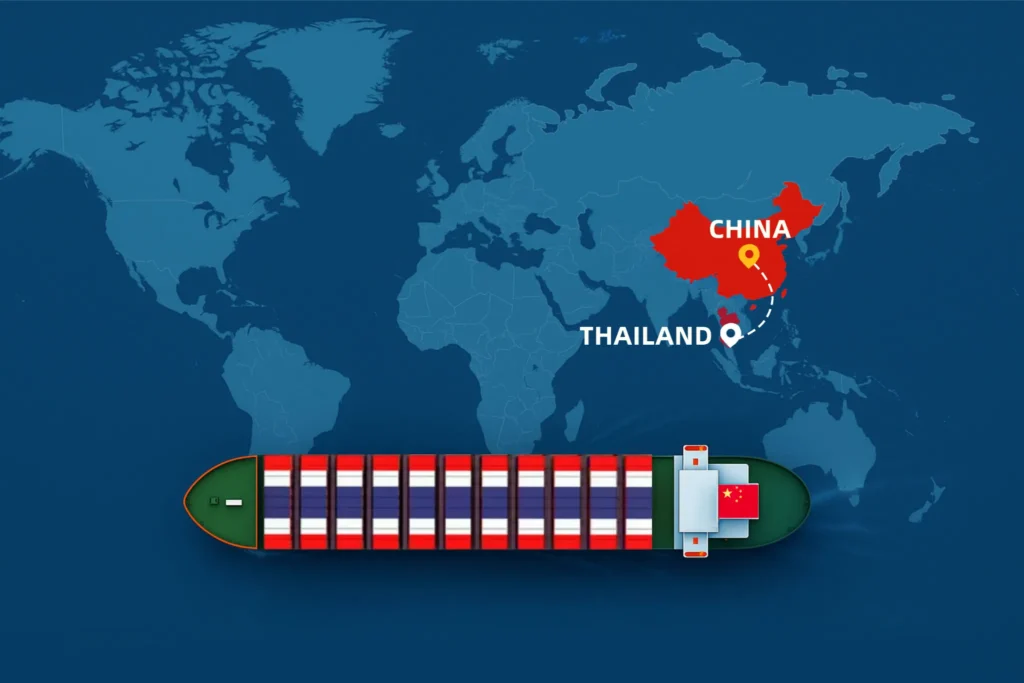 Container ship with Thailand flag sailing from China to Thailand on world map