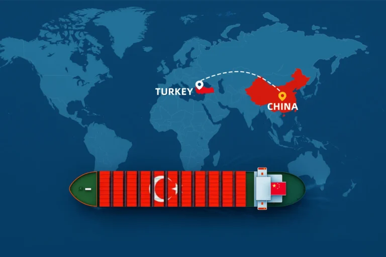 Container ship with Turkey flag sailing from China to Turkey on world map