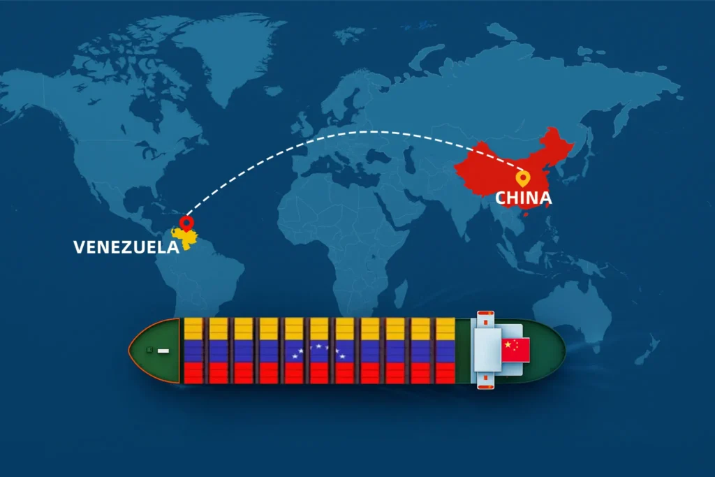 Container ship with Venezuela flag sailing from China to Venezuela on world map