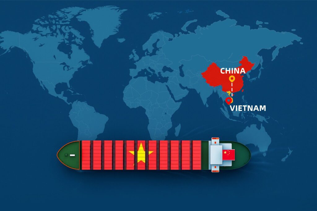 Shipping from China to Vietnam by sea – container ship with China and Vietnam flags on world map