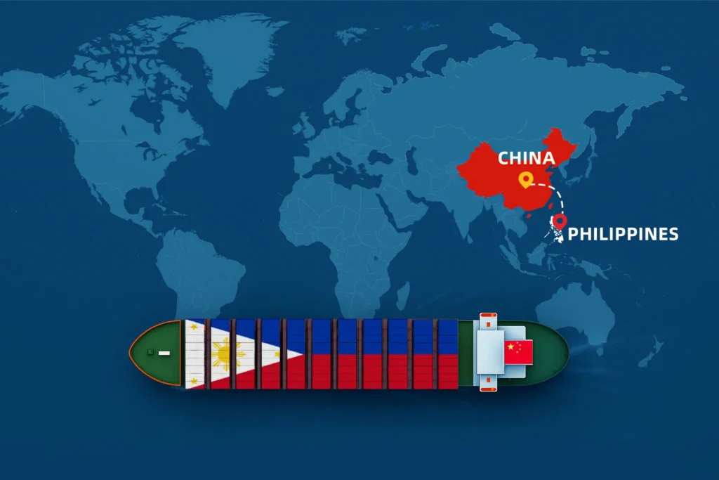 Shipping from China to the Philippines map illustration showing container ship and sea freight route
