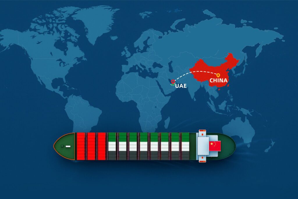 Shipping from China to the UAE 2025 route map with cargo ship and trade connection between Asia and the Middle East.