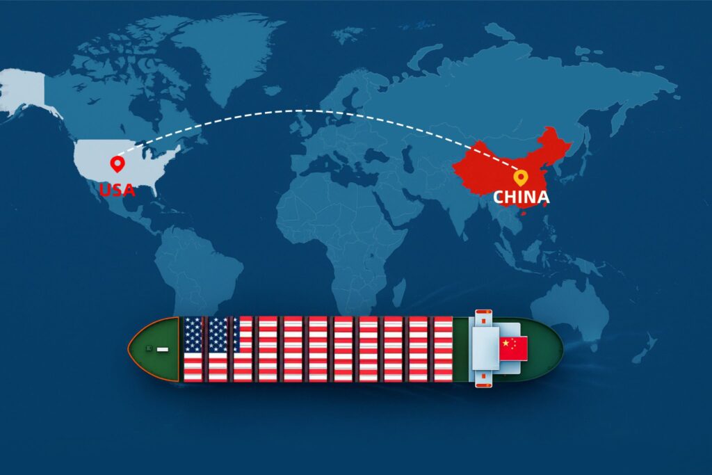 Shipping from China to the USA by sea – container ship with China and USA flags on world map
