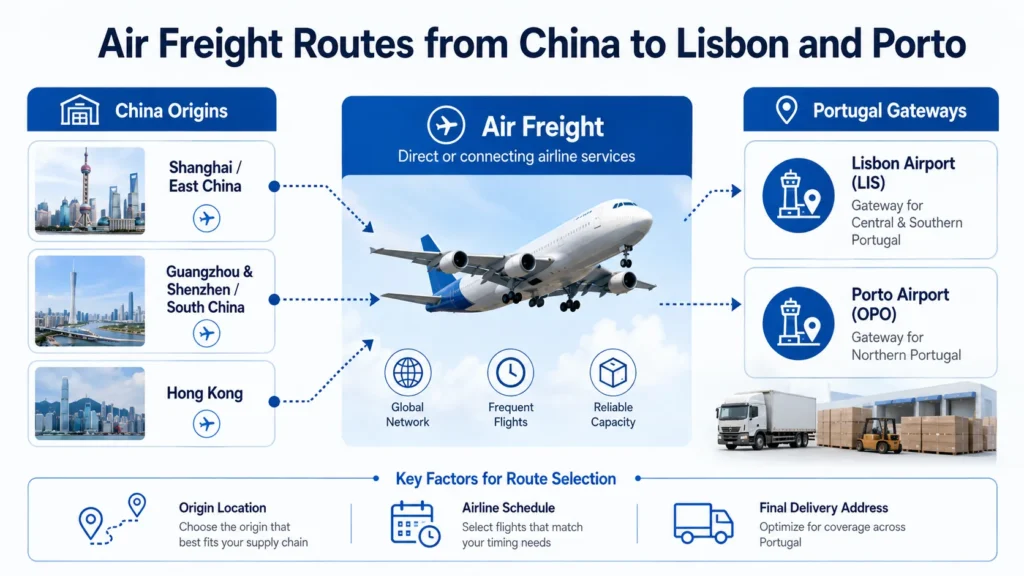 Air freight routes from China to Lisbon and Porto via major Chinese cargo hubs