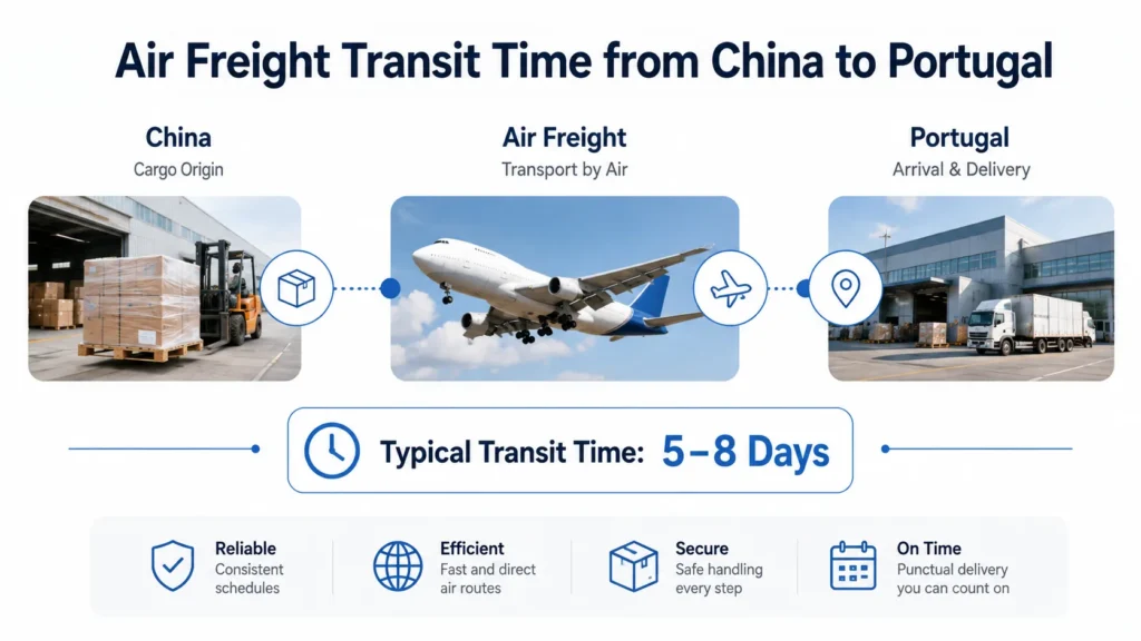 Air freight transit time from China to Portugal with 5–8 day delivery