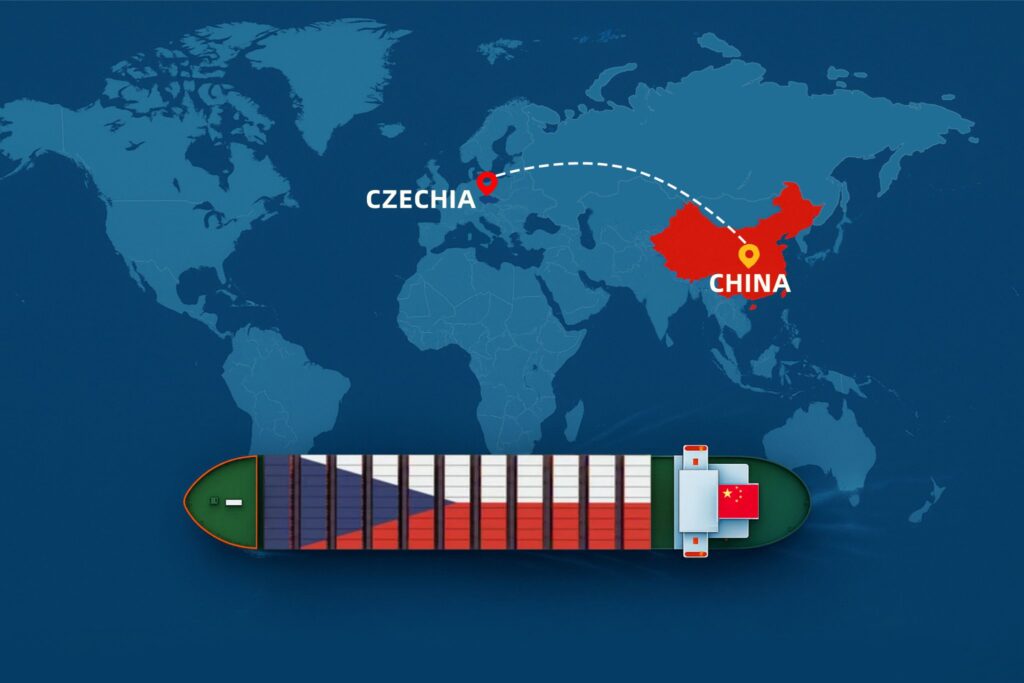 Shipping from China to the Czech Republic by sea – container ship with China and Czech Republic flags on world map