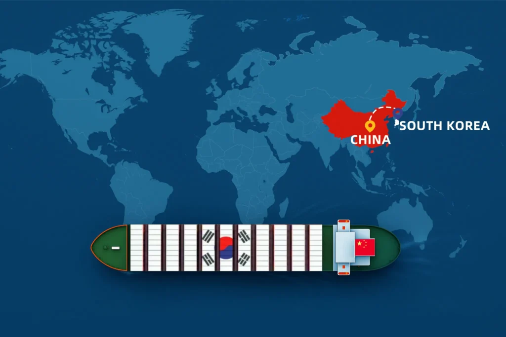 Shipping from China to South Korea by sea freight – container ship with South Korea flag colors on a world map