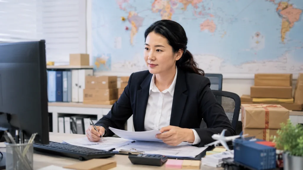 Freight forwarder reviewing shipping documents for China to India shipments