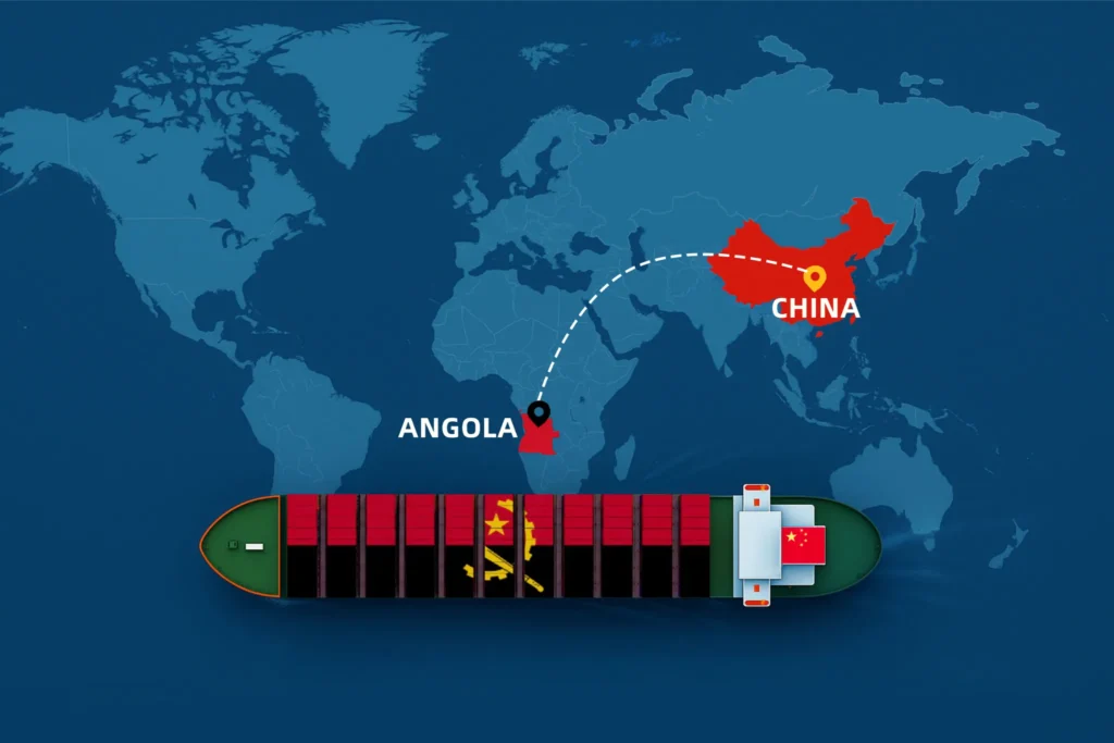 Map showing shipping routes from China to Angola by sea and air, highlighting DDP freight logistics, major ports, and trade routes for 2025.
