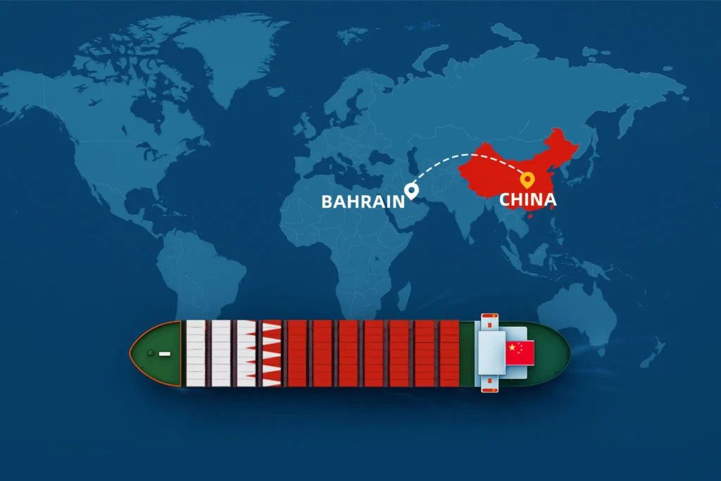 Map showing shipping routes from China to Bahrain by sea and air, highlighting DDP freight logistics, major ports, and trade connections in 2025.