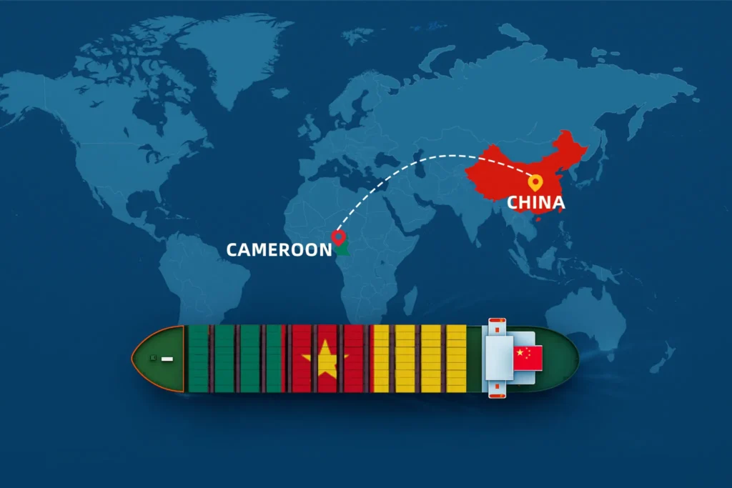 चीन से कैमरून तक समुद्री और हवाई मार्ग से शिपिंग मार्गों को दर्शाने वाला मानचित्र, जिसमें 2025 में डीडीपी माल ढुलाई रसद, प्रमुख बंदरगाहों और व्यापार कनेक्शनों पर प्रकाश डाला गया है
