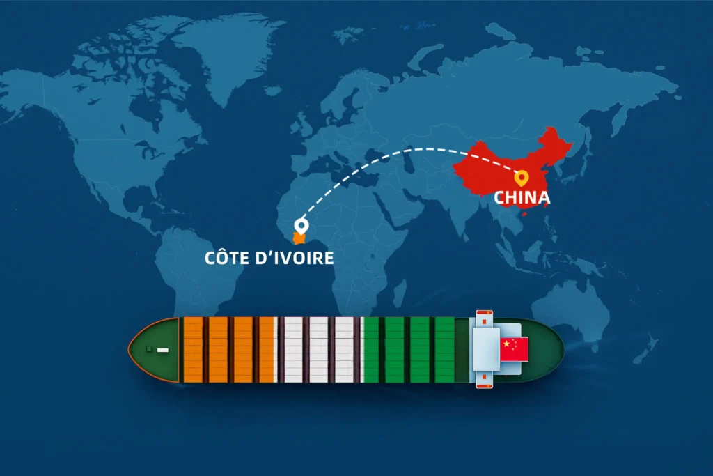 चीन से कोटे डी आइवर तक समुद्री और हवाई मार्ग से शिपिंग मार्गों को दर्शाने वाला मानचित्र, जिसमें 2025 में डीडीपी माल ढुलाई रसद, प्रमुख बंदरगाहों और व्यापार कनेक्शनों पर प्रकाश डाला गया है