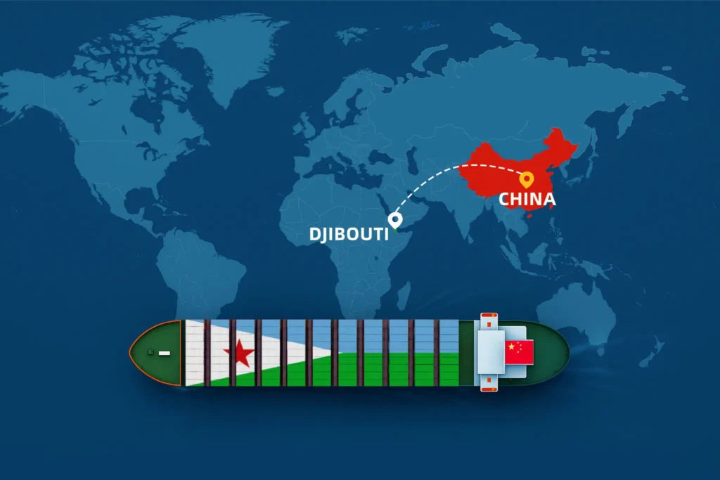 Χάρτης που δείχνει τις θαλάσσιες και αεροπορικές διαδρομές από την Κίνα στο Τζιμπουτί, με έμφαση στην εφοδιαστική αλυσίδα εμπορευμάτων, τα λιμάνια και τις διεθνείς εμπορικές συνδέσεις της DDP το 2025