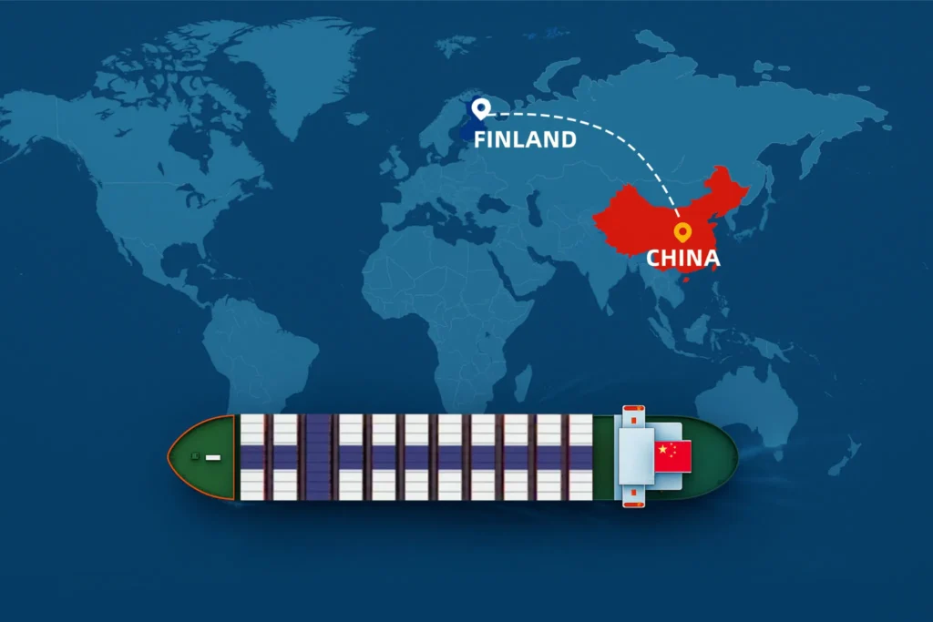 Map showing shipping routes from China to Finland by sea and air, highlighting DDP freight logistics, major ports, and trade connections for 2025.