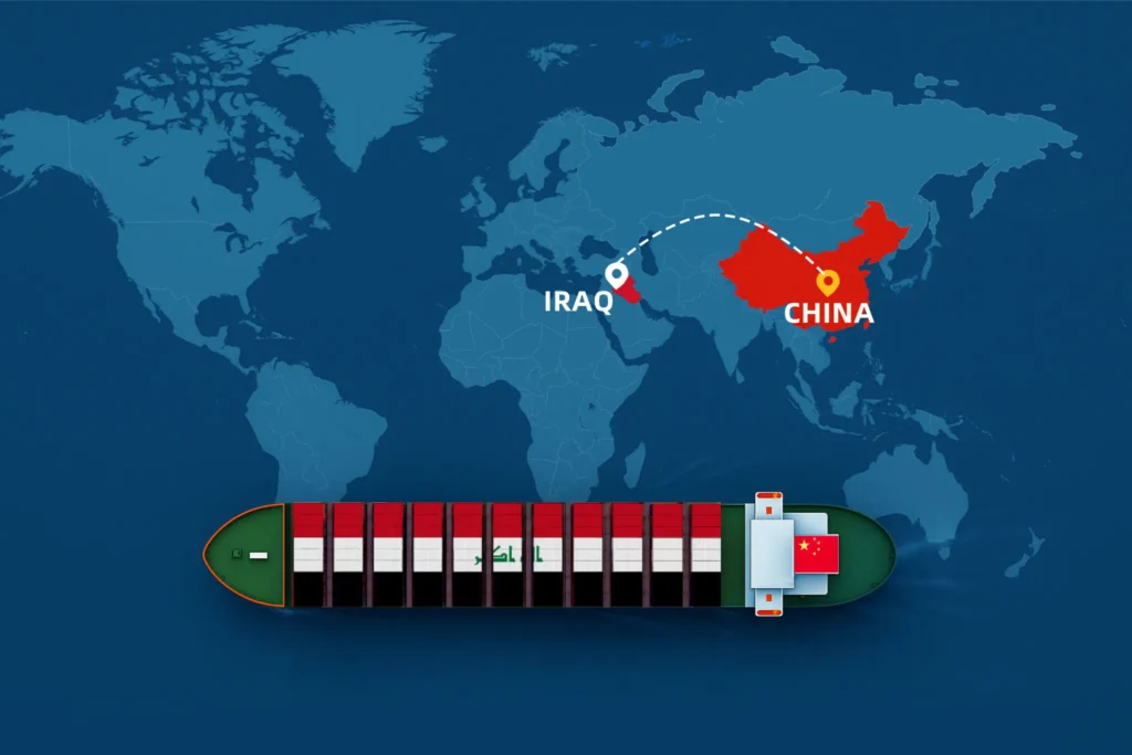 Map showing shipping routes from China to Iraq by sea and air, highlighting DDP freight logistics, major ports, and trade connections for 2025.