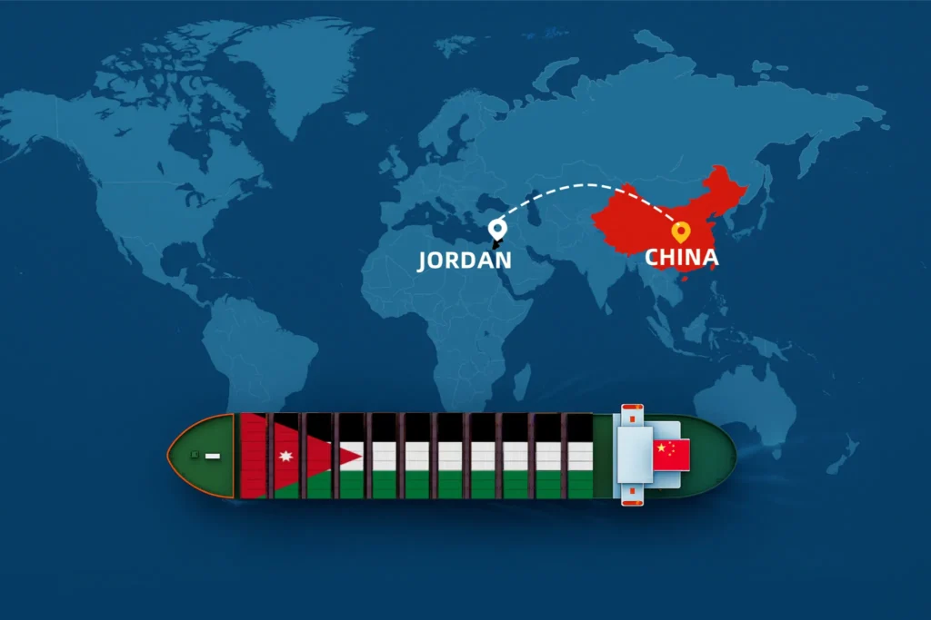 Map showing shipping routes from China to Jordan by sea and air, highlighting DDP freight logistics, major ports, and trade connections for 2025.